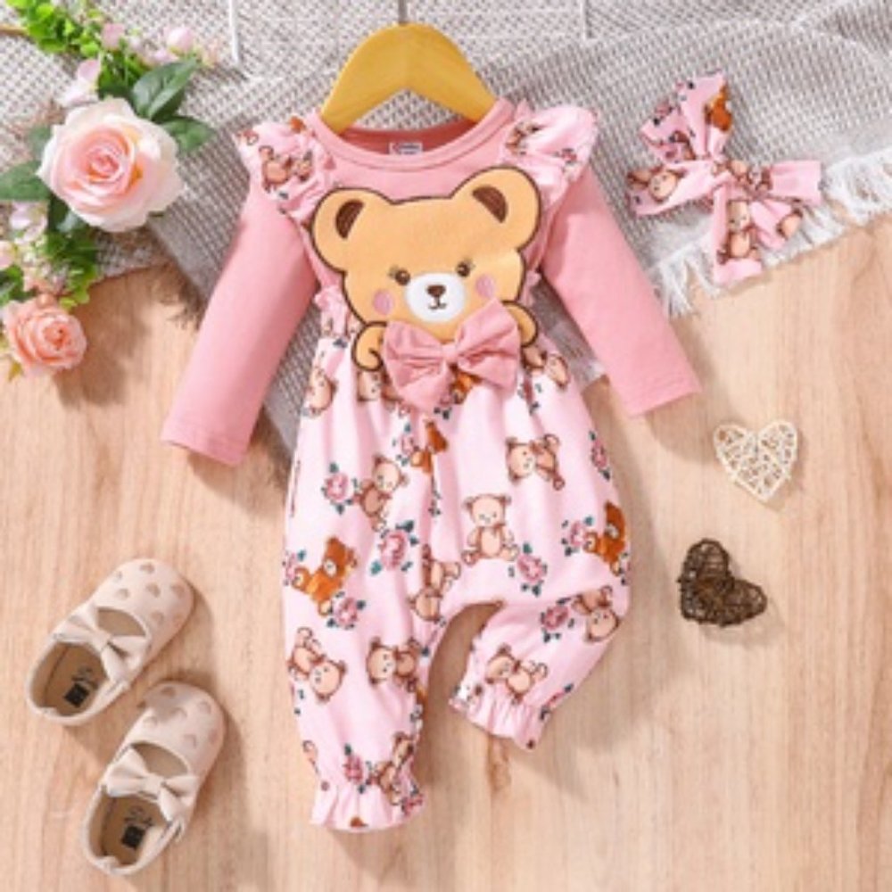PatPat 2pcs Baby Girl Jumpsuit Long-sleeve Cartoon Bear